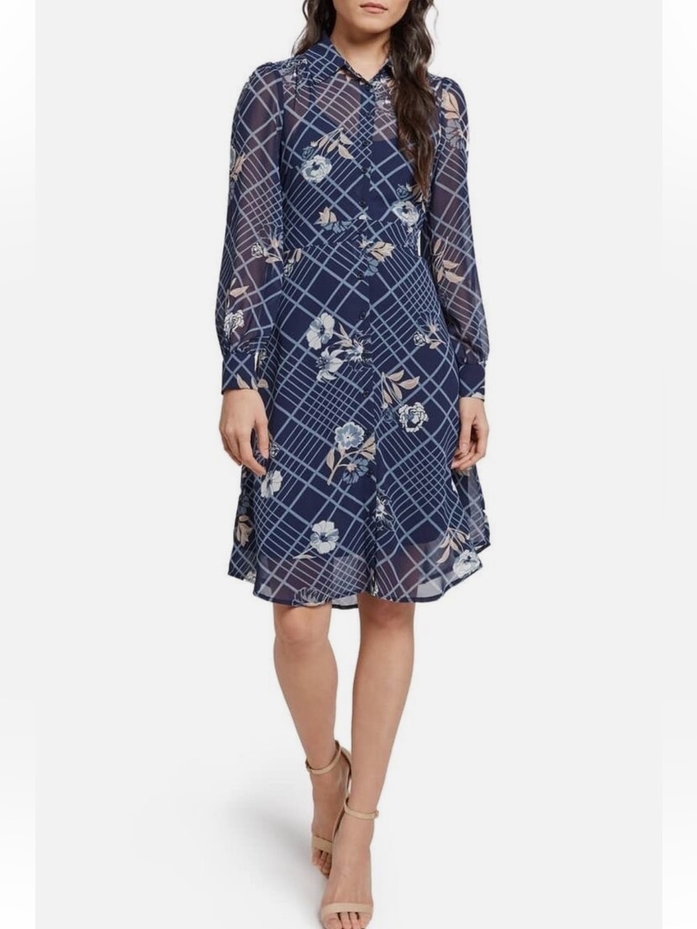 ModCloth Blue Floral Plaid Long Sleeve Captivation Sheer Shirt Dress XL